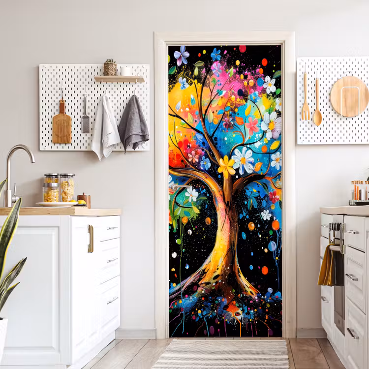 Boom - Kleurrijk - Bloemen - Zwart deurposter klein -sfeer5