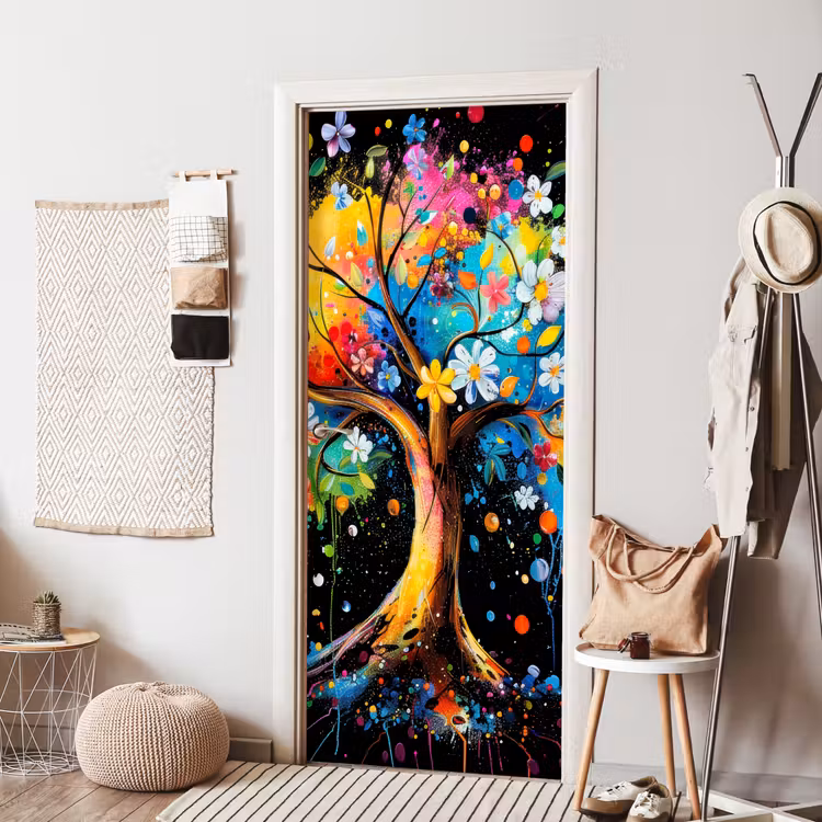 Boom - Kleurrijk - Bloemen - Zwart deurposter klein -sfeer6