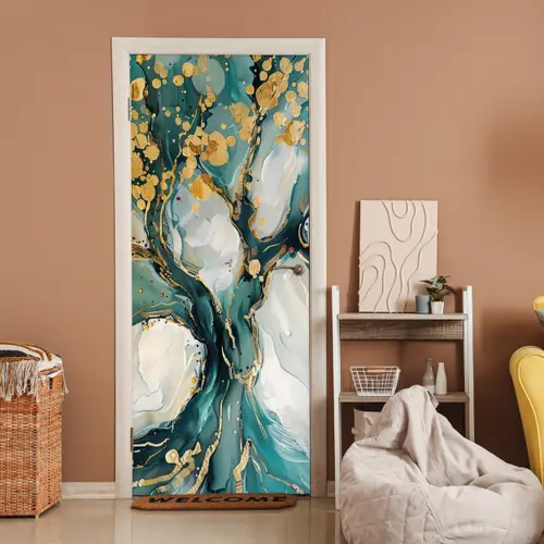 Boom - Modern - Verflook - Turquoise - Goud deurposter klein -sfeer1