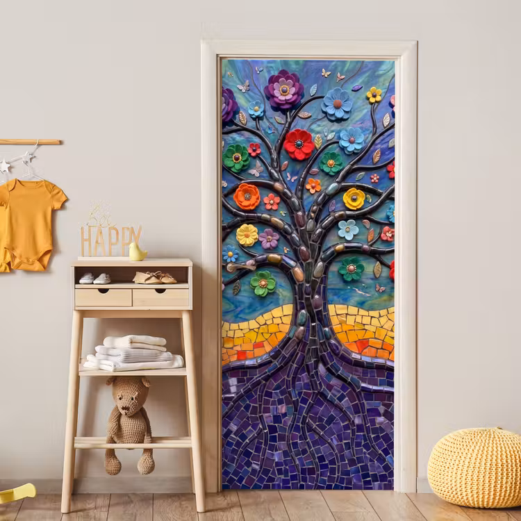 Levensboom - Mozaïek - Bloemen - Kleurrijk - Vrolijk deurposter klein -sfeer4
