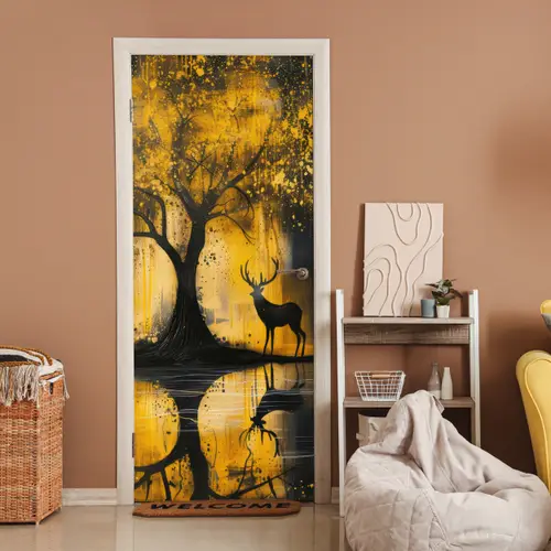 Boom - Verflook - Hert - Natuur - Goud deurposter klein -sfeer1