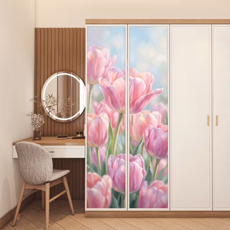 Tulpen - Veld - Lente - Roze deurposter klein -sfeer3