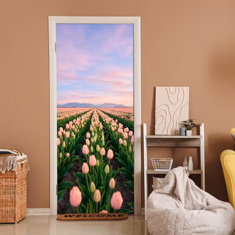 Tulpen - Landschap - Roze deurposter klein -sfeer1