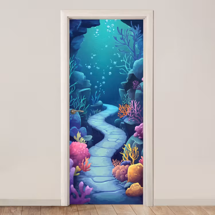 Onderwaterwereld - Grot - Zee - Blauw - Zeewier deurposter klein -3d_beige
