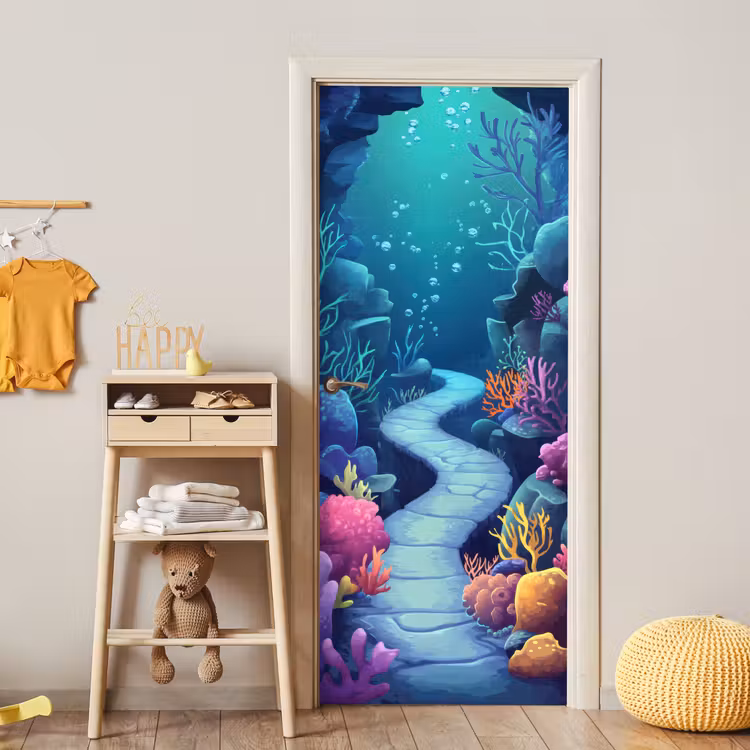 Onderwaterwereld - Grot - Zee - Blauw - Zeewier deurposter klein -sfeer4
