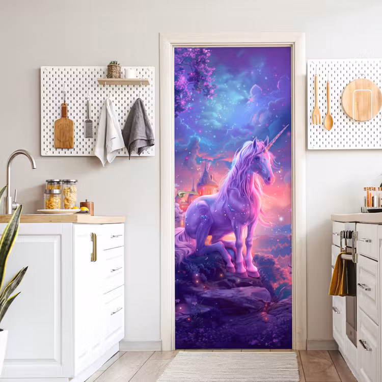 Eenhoorn - Fantasy - Kasteel - Meisje - Paars - Roze deurposter klein -sfeer5