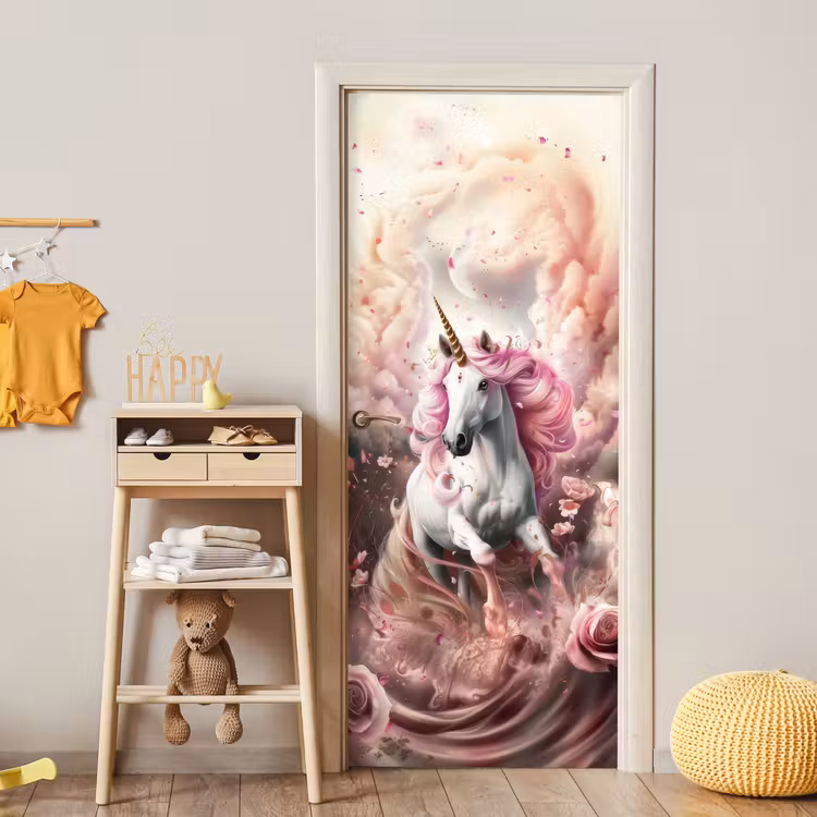 Eenhoorn - Meisje - Roze - Bloemen - Sprookje deurposter klein -sfeer4