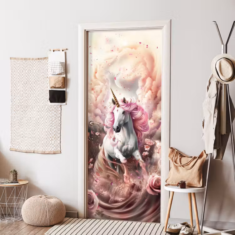 Eenhoorn - Meisje - Roze - Bloemen - Sprookje deurposter klein -sfeer6