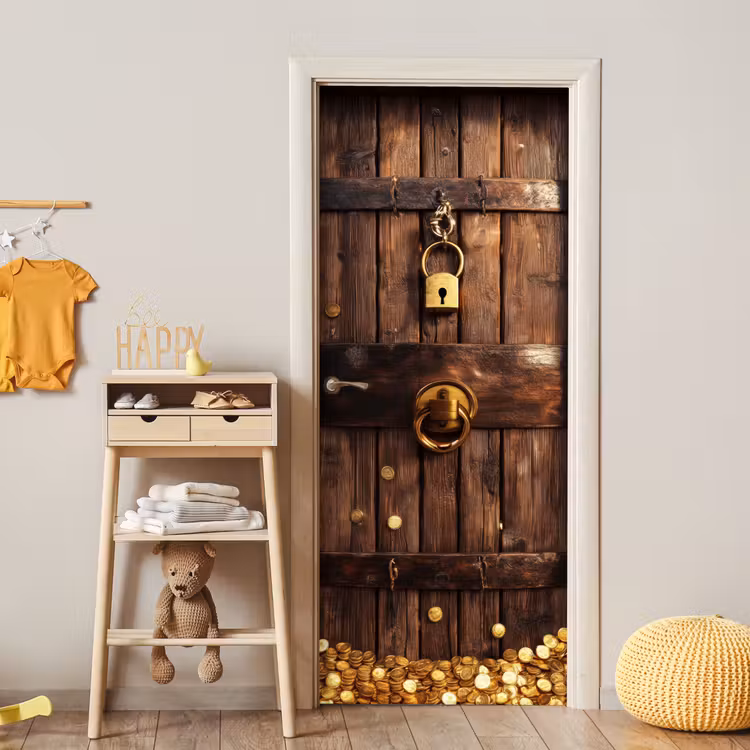 Kluisdeur - Goud - Geld - Hout deurposter klein -sfeer4