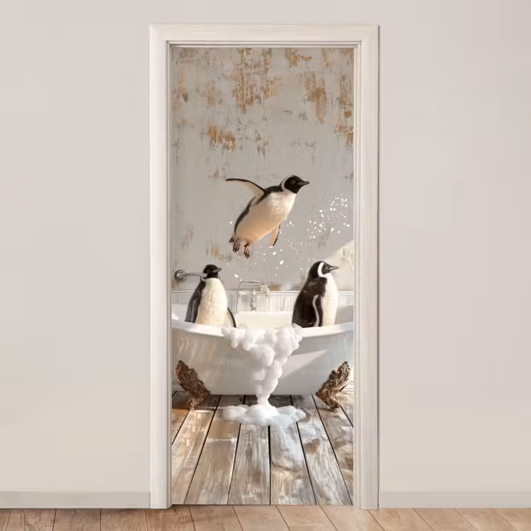 Vintage - Pinguïn - Badkuip - Schuim deurposter klein -3d_beige