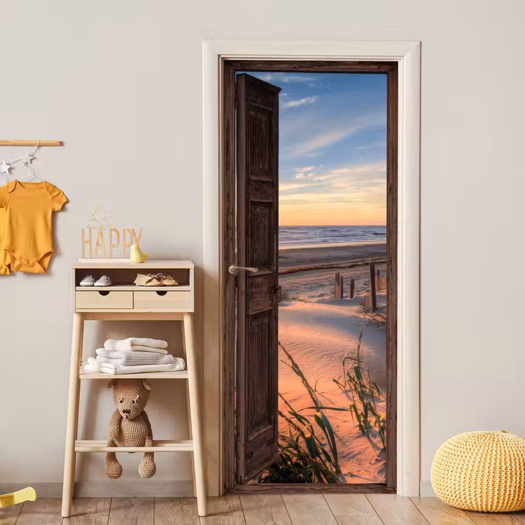 Doorkijk - Strand - Zee - Natuur - Duinen deurposter klein -sfeer4