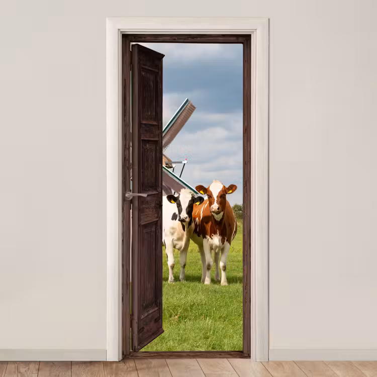 Doorkijk - Koeien - Dieren - Weiland - Natuur deurposter klein -3d_beige