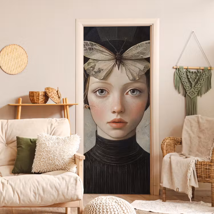 Woman - Butterfly - Art - Classic - Muted deurposter klein -sfeer2