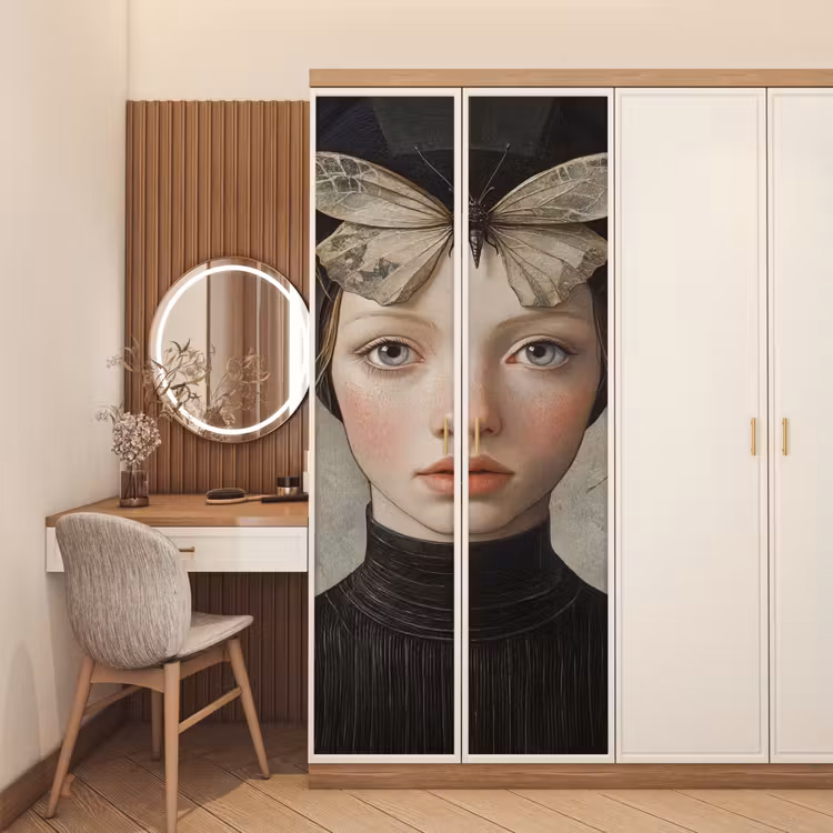 Woman - Butterfly - Art - Classic - Muted deurposter klein -sfeer3