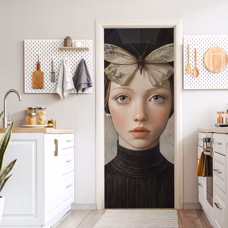 Woman - Butterfly - Art - Classic - Muted deurposter klein -sfeer5