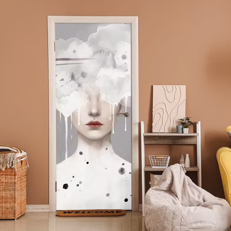 Vrouw - Wolk - Grijs deurposter klein -sfeer1