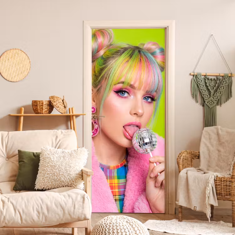 Vrouw - Kleurrijk haar - Pop art - Modern - Levendig deurposter klein -sfeer2