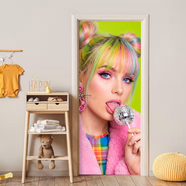 Vrouw - Kleurrijk haar - Pop art - Modern - Levendig deurposter klein -sfeer4