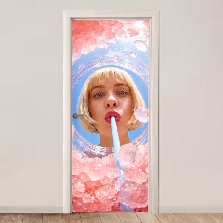 Vrouw - Drank - Zomer - Roze - Blauw deurposter klein -3d_beige