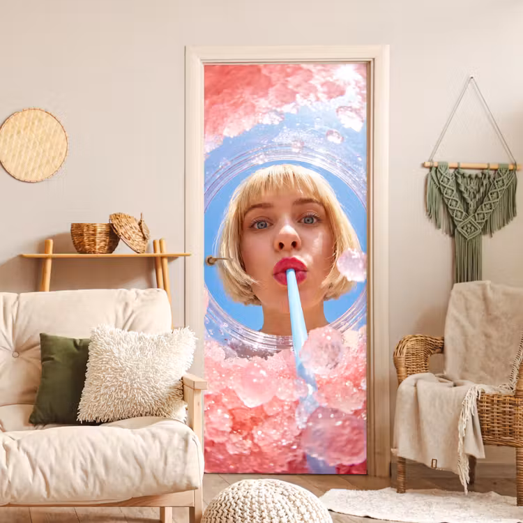 Vrouw - Drank - Zomer - Roze - Blauw deurposter klein -sfeer2
