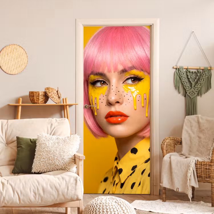 Vrouw - Portret - Abstract - Kleurrijk - Geel deurposter klein -sfeer2
