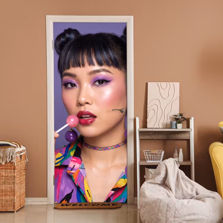 Vrouw - Portret - Make-up - Paars - Levendig deurposter klein -sfeer1