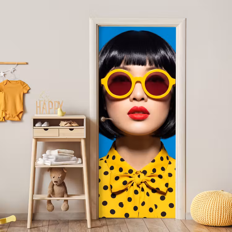 Vrouw - Zonnebril - Pop Art - Portret - Geel deurposter klein -sfeer4