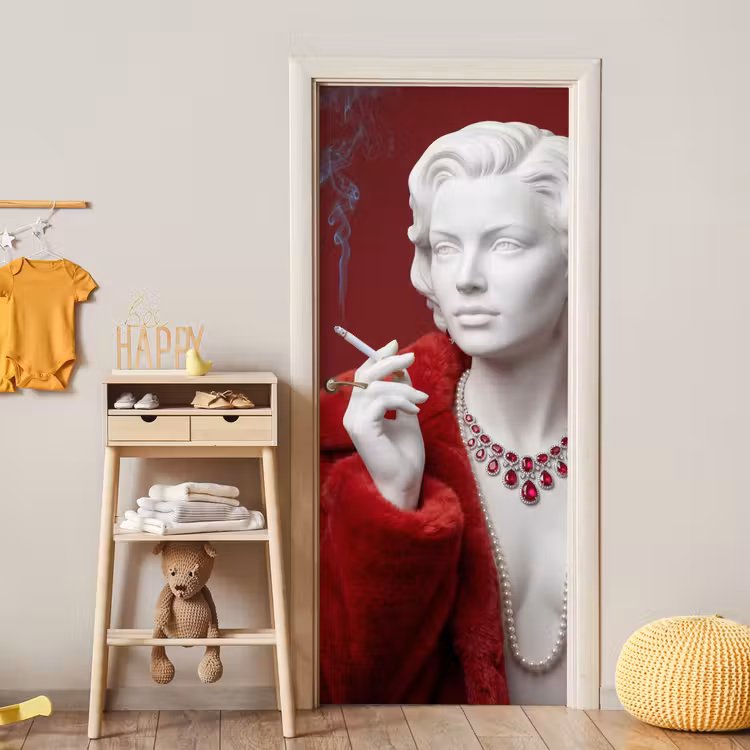 Vrouw - Bontjas - Mode - Klassiek - Rood deurposter klein -sfeer4