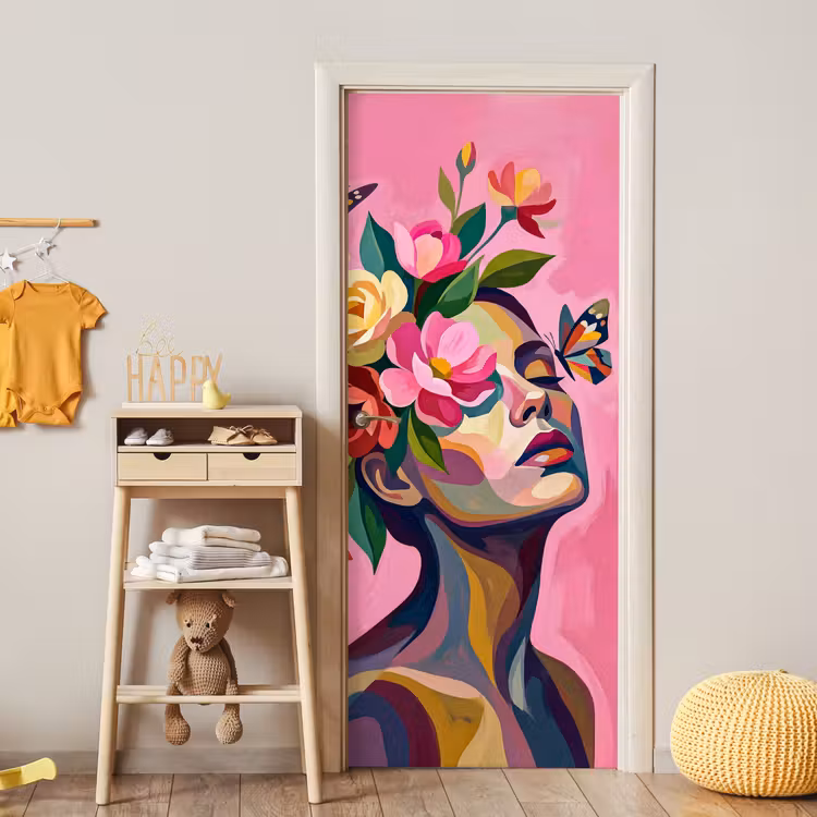 Vrouwengezicht - Vlinders - Kleurrijk deurposter klein -sfeer4