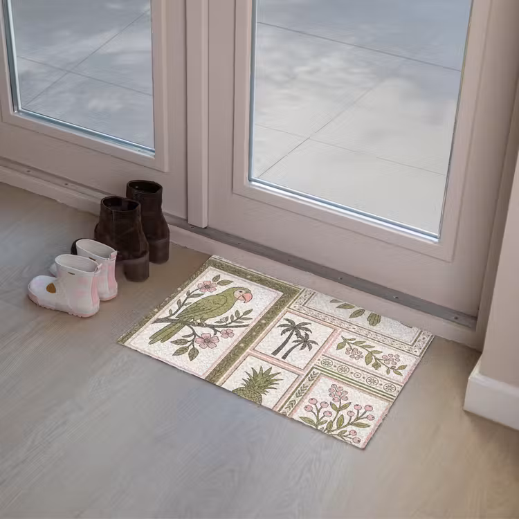 Vogel - Tropisch - Patroon - Decoratief - Groen Deurmat klein -sfeer3