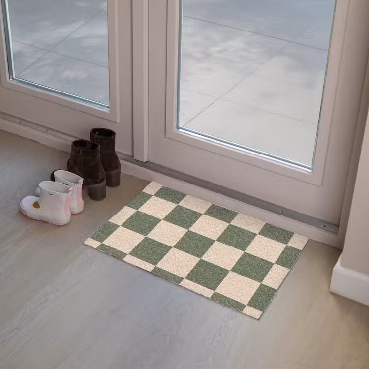 Schaakbord print - Groen - Beige - Blokjes Deurmat klein -sfeer3