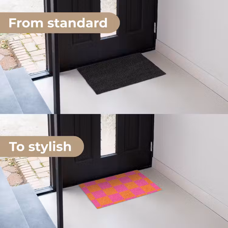 Schaakbord print - Oranje - Roze - Blokjes Deurmat klein -voor-na_EN