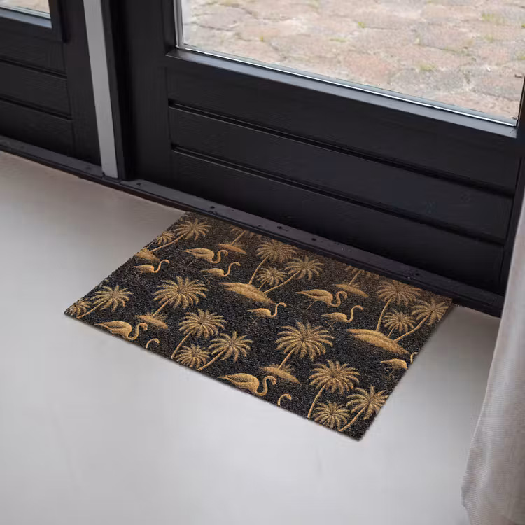 Flamingo - Palmbomen - Tropisch - Goud - Zwart Deurmat klein 898 -sfeer2