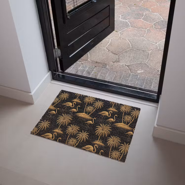 Flamingo - Palmbomen - Tropisch - Goud - Zwart Deurmat klein 898 -sfeer5