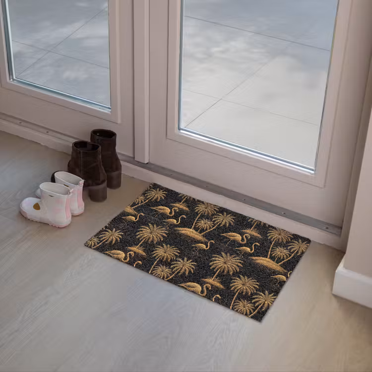 Flamingo - Palmbomen - Tropisch - Goud - Zwart Deurmat klein 898 -sfeer3
