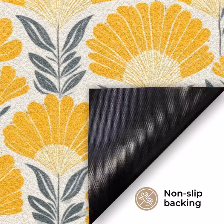 Bloemen - Retro - Botanisch - Okergeel - Grijs Deurmat klein 898 -antislip_EN