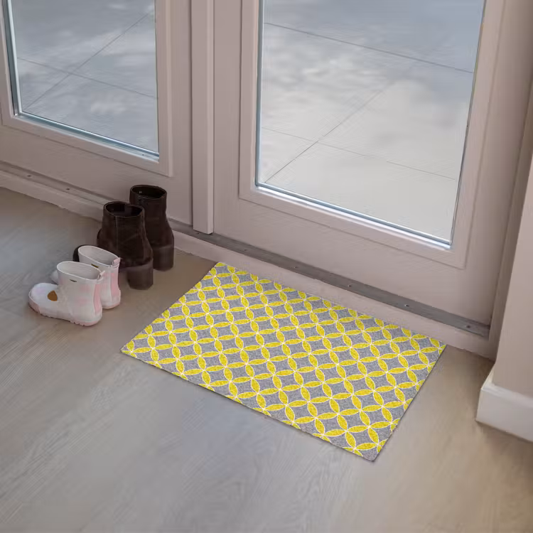 Geometrisch - Cirkels - Modern - Grijs - Geel Deurmat klein 898 -sfeer3