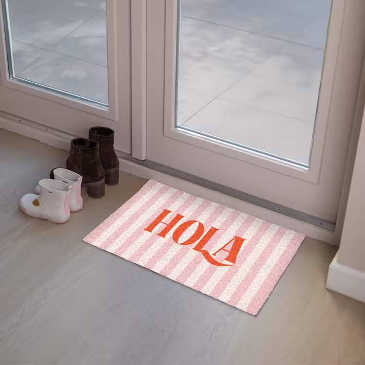 Hola - Quote -  Strepen - Pastel - Roze - Rood - Wit Deurmat klein -sfeer3