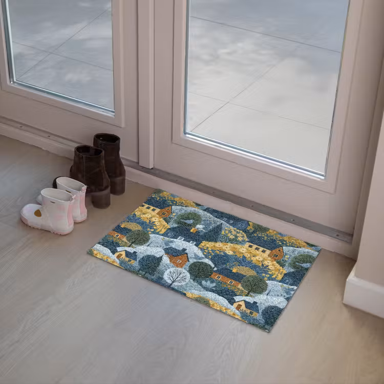 Huisjes - Bloemen - Patroon - Geel - Blauw Deurmat klein 898 -sfeer3