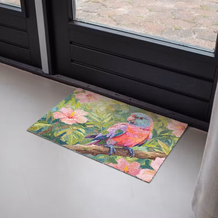 Papagaai - Hibiscusbloemen - Kleurrijk Deurmat klein -sfeer2