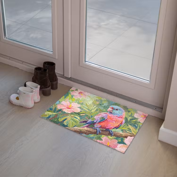Papagaai - Hibiscusbloemen - Kleurrijk Deurmat klein -sfeer3