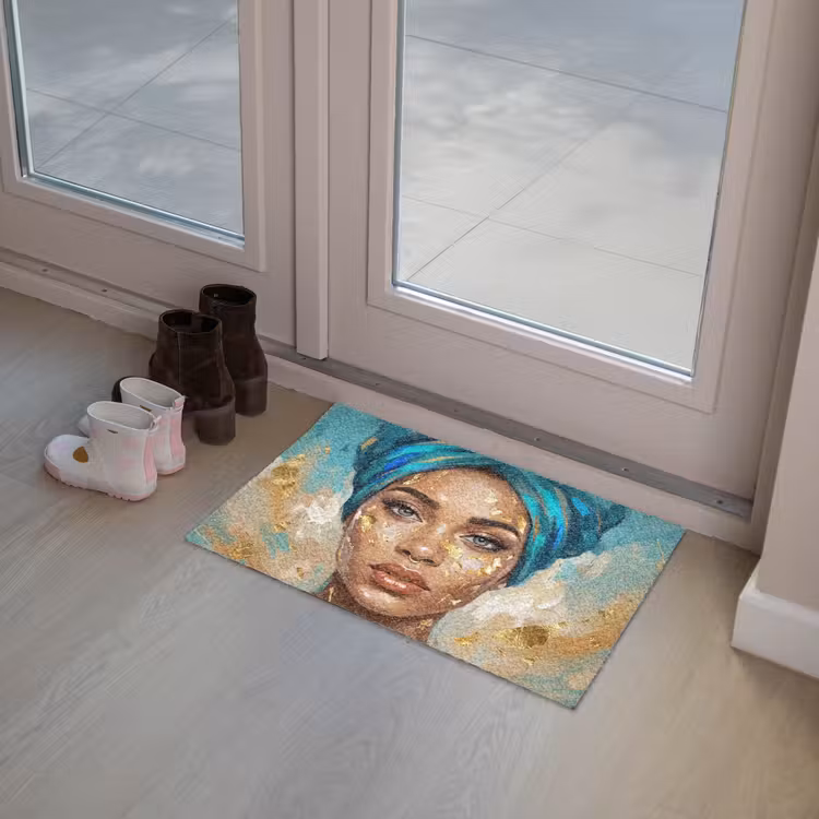 Portret - Vrouw - Schilderij - Blauw - Goud - Expressief Deurmat klein -sfeer3