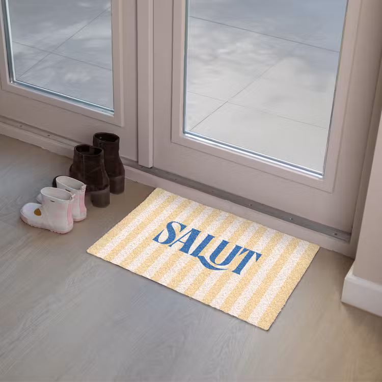 Salut - Quote - Strepen - Geel - Blauw - Wit Deurmat klein -sfeer3