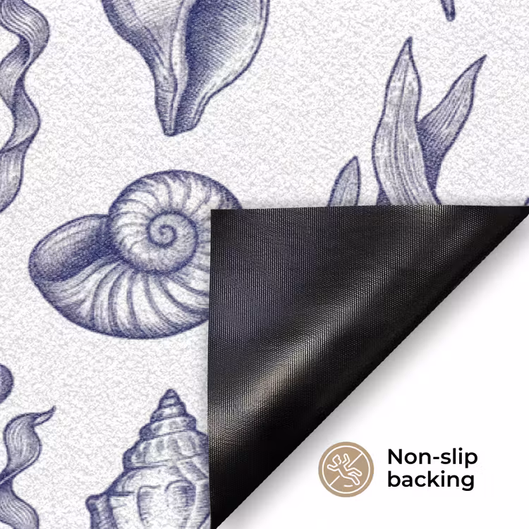 Schelpen - Zeewier - Oceaan - Illustratie - Blauw Deurmat klein -antislip_EN
