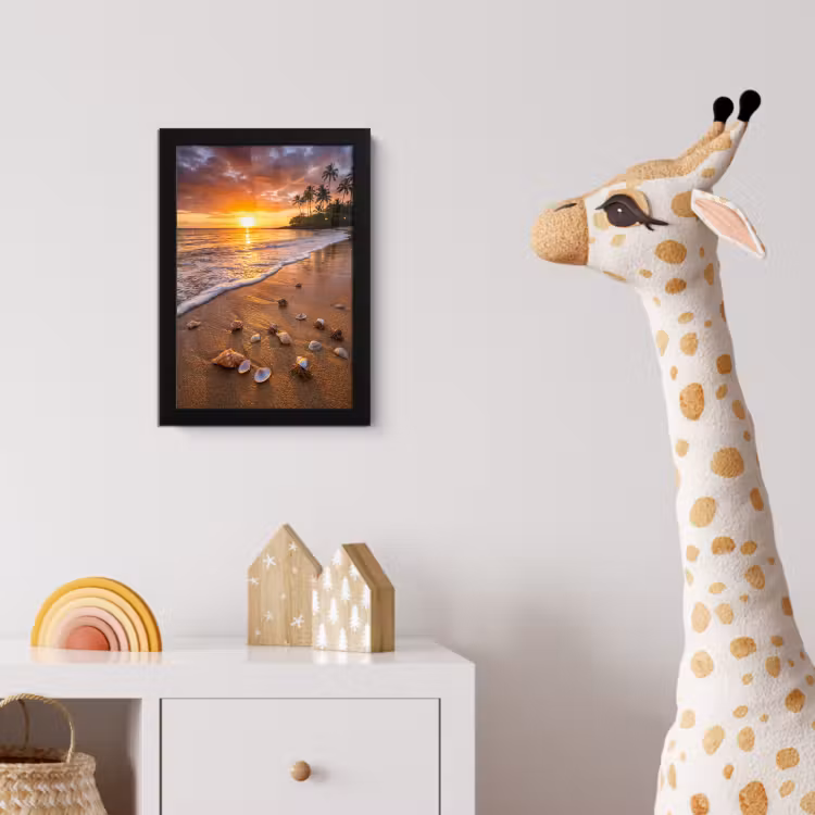 Strand - Zonsondergang - Palmbomen - Natuur - Oranje fotolijst zwart zonder passe partout klein -usfeer4_kinderkamer