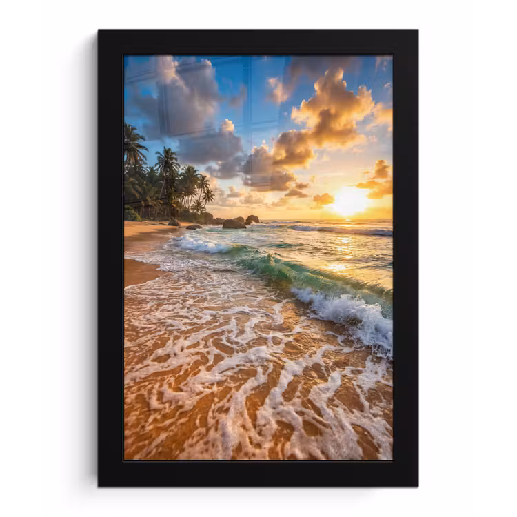 Strand - Zonsondergang - Golven - Natuur - Goud fotolijst zwart zonder passe partout klein -3d