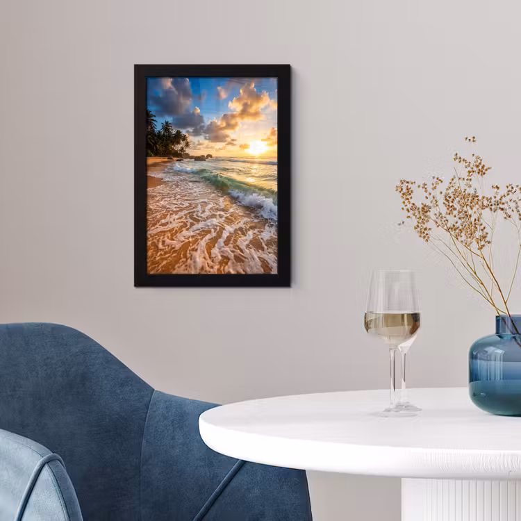 Strand - Zonsondergang - Golven - Natuur - Goud fotolijst zwart zonder passe partout klein -sfeer4