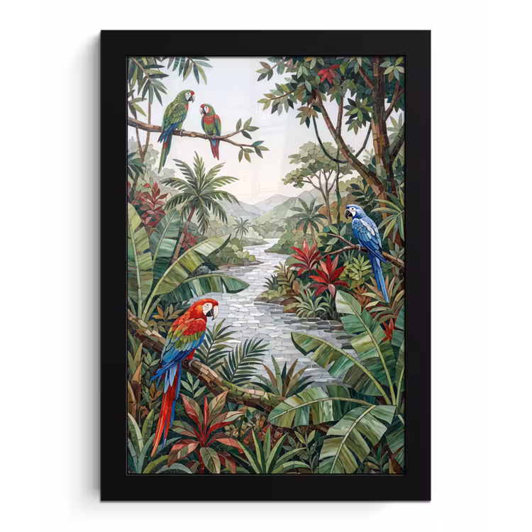 Vogel - Jungle - Natuur - Mozaïek - Groen fotolijst zwart zonder passe partout klein -3d