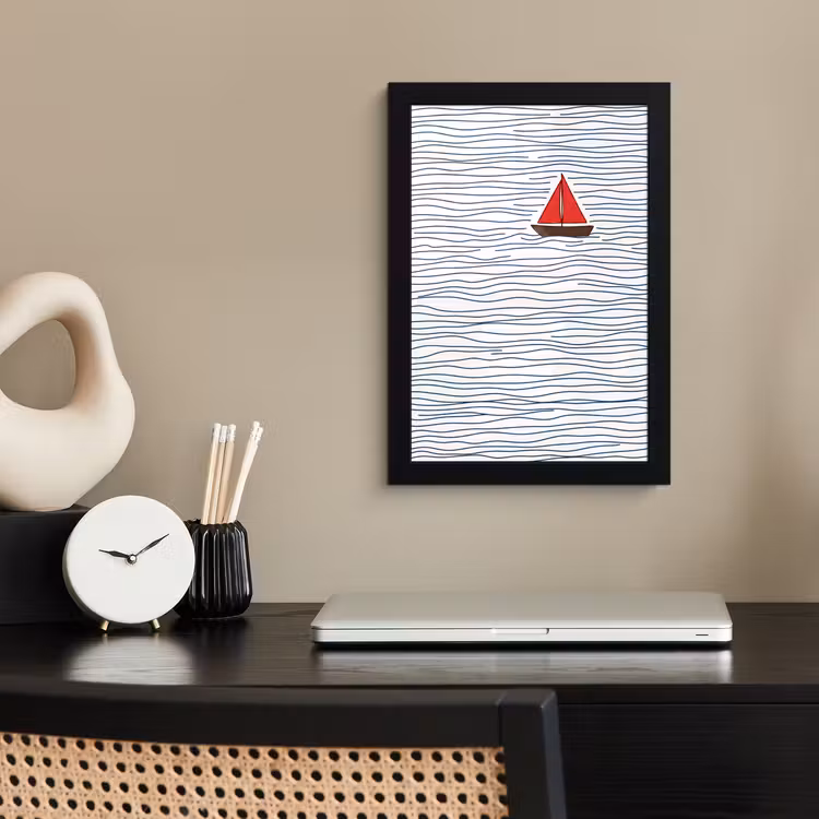 Boot - Water - Rood - Illustratie - Minimalistisch fotolijst zwart zonder passe partout klein -sfeer1