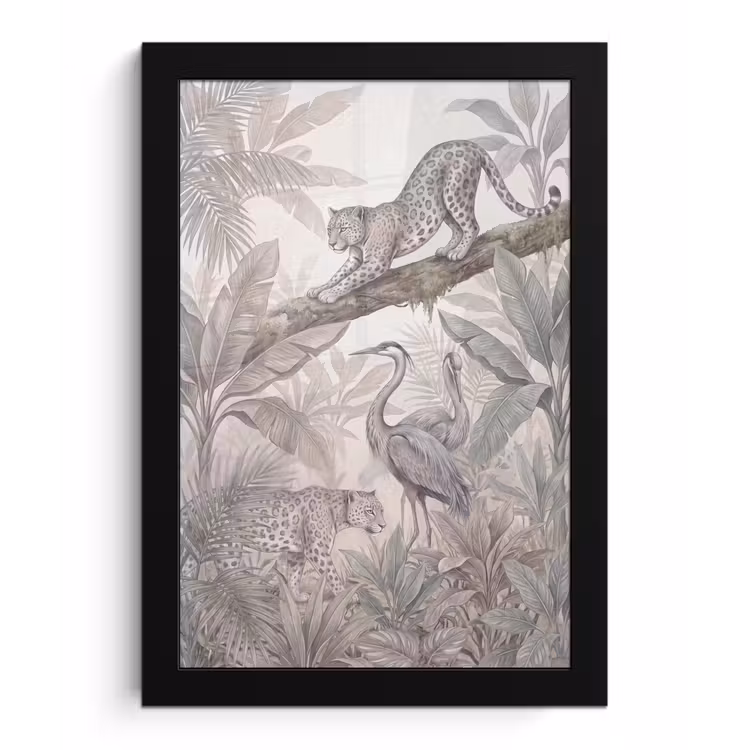Kat - Vogel - Jungle - Illustratie - Dieren fotolijst zwart zonder passe partout klein -3d